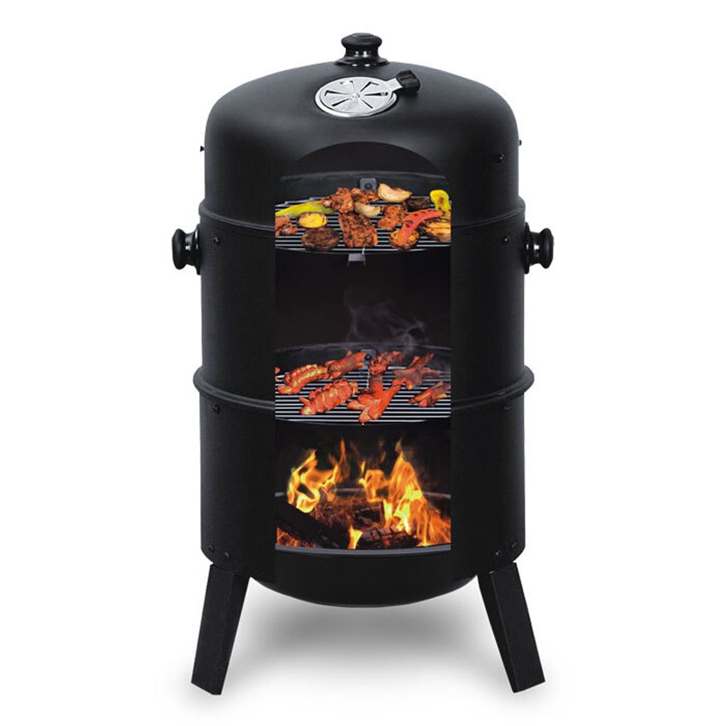 A cutaway view of a black smoker grill showing food cooking on multiple racks and a fire burning at the bottom.