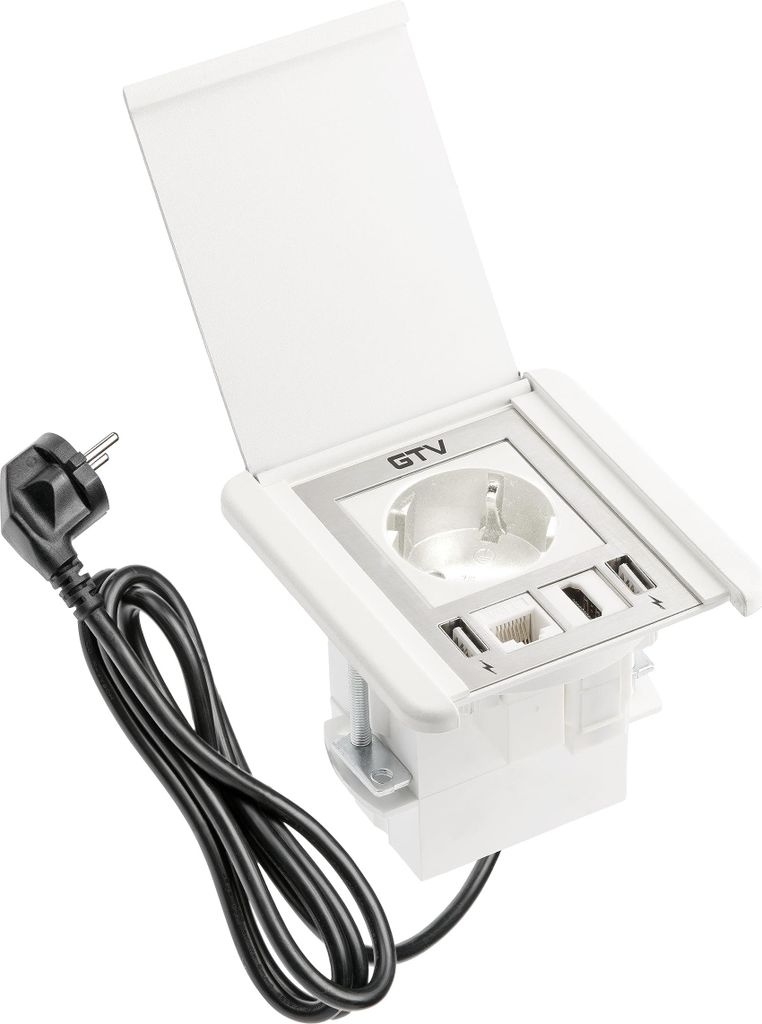 GTV - Möbelsteckdose FLIP, Einbausteckdose, 1x Schuko Steckdose, 2X USB A, 1x RJ45, 1x HDMI, Kabellänge 1,5m, Farbe Weiß, für Schreibtische, Ti...
