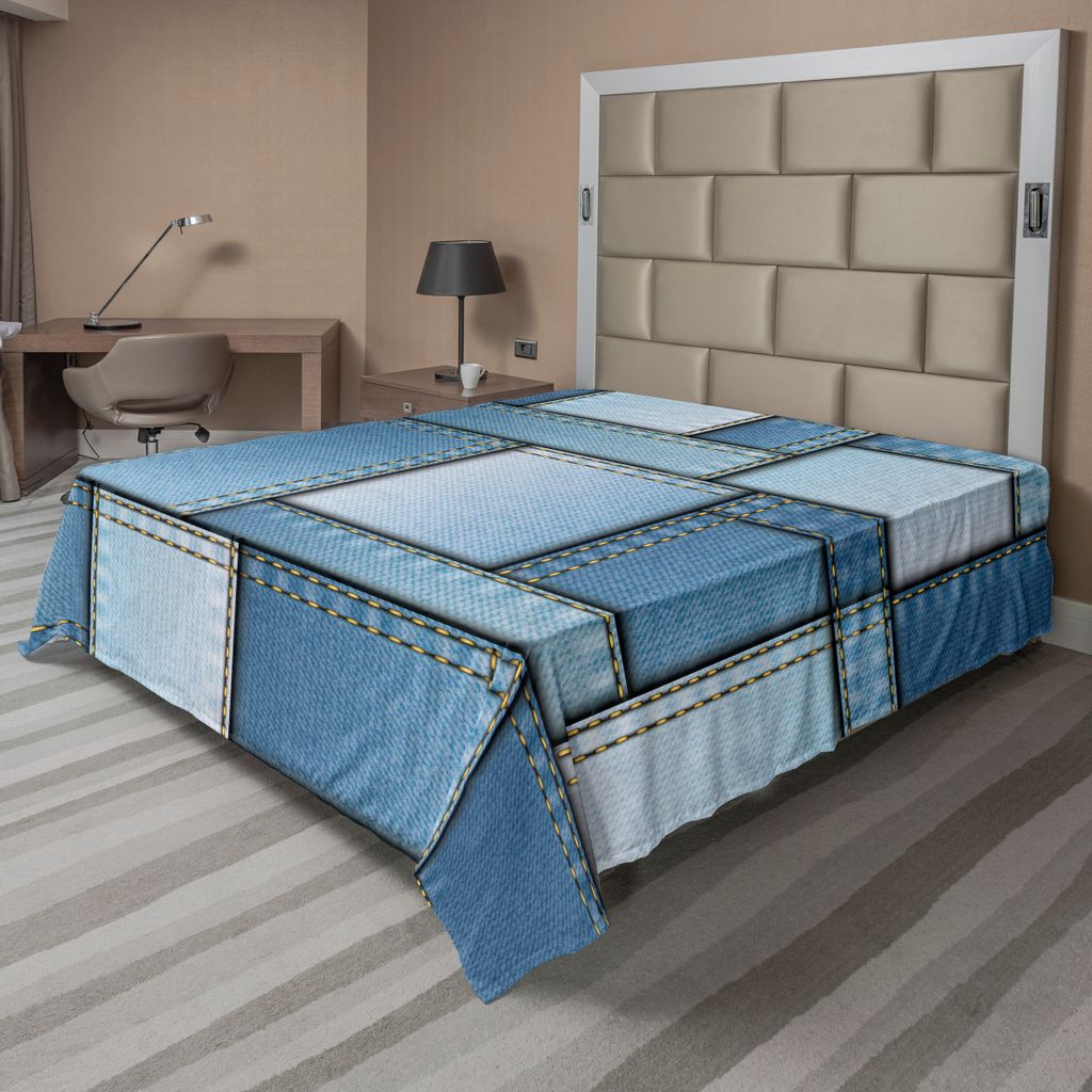 ABAKUHAUS Land Bettlaken, Patchwork der unterschiedlichen Größe blau getönten Formen Muster mit vertikalen Warp Beam Artprint, weiches bequemes ...