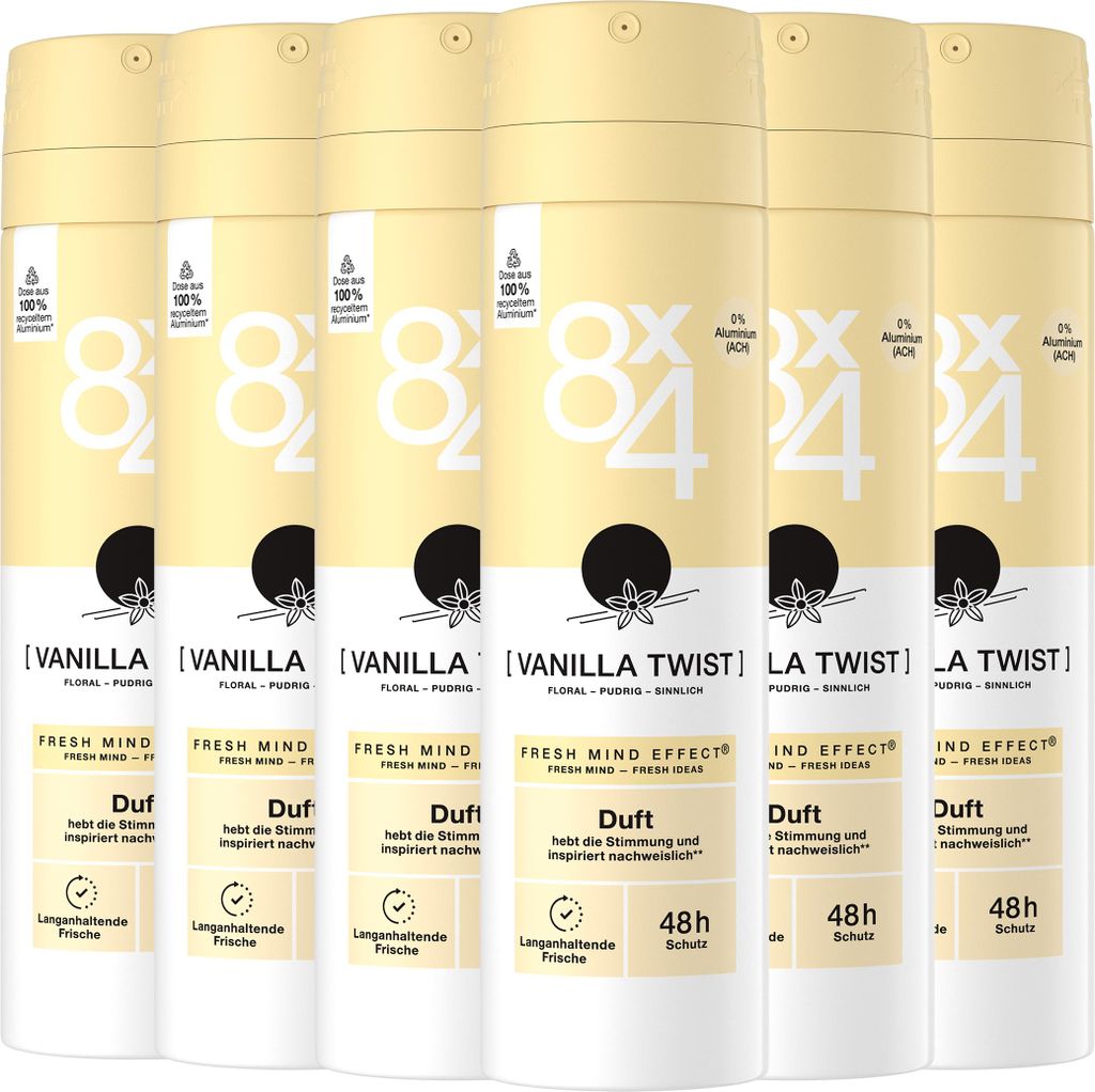 8x4 Deo Spray Vanilla Twist 6 x 150ml Fresh Mind Effect und 48h Schutz