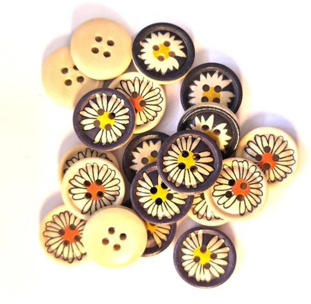 20 Boutons ronds en bois 18 mm multicolores à motif floral et 4 trous