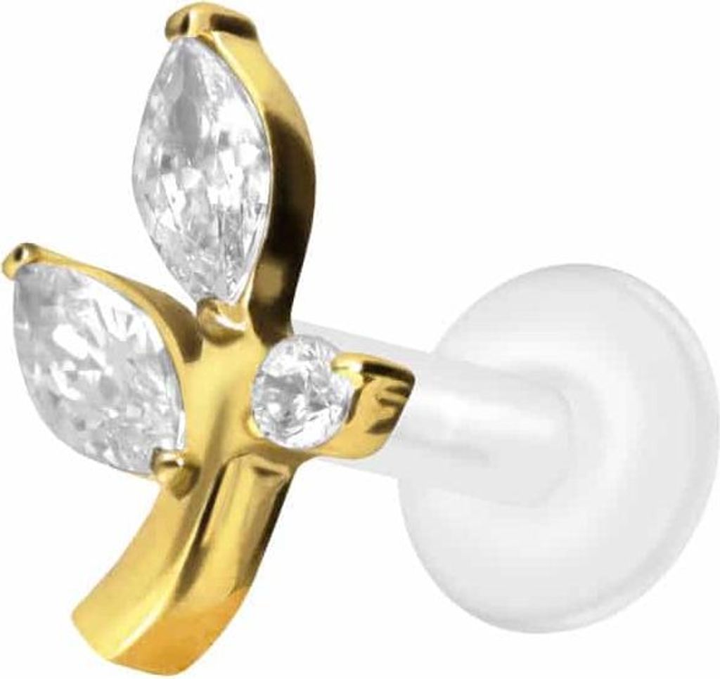 Ohrpiercing, Nasenpiercing PTFE Labret mit Innengewinde + Titan-Aufsatz KRISTALLZWEIG Gold Stablänge: 6mm | Stabstärke: 1,6mm
