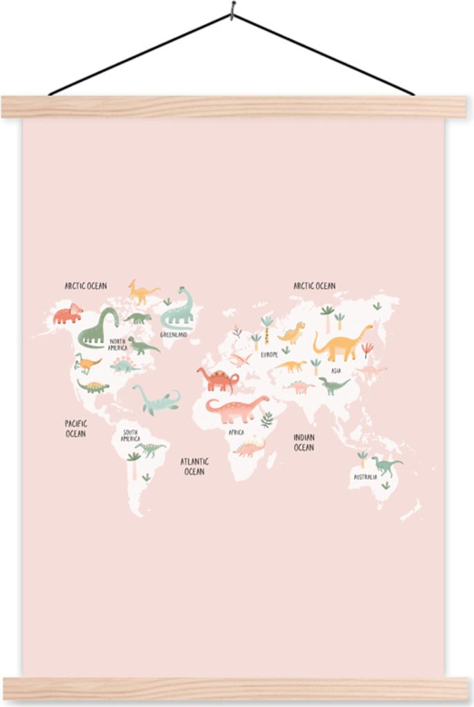 MuchoWow Textilposter Karte - Kinder - Dino 60x80 cm mit holzfarbenen Rahmen - Wandbild