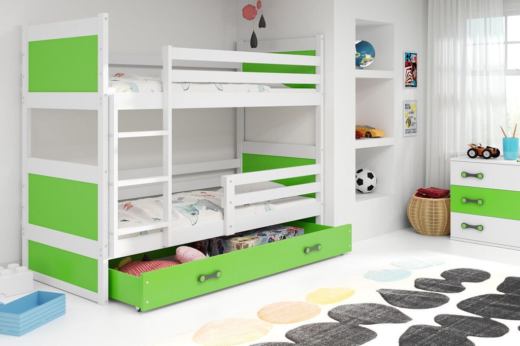 Kinderhochbett mit Stauraum und Matratzen 80x160 FERGUS – Weiß / Grün