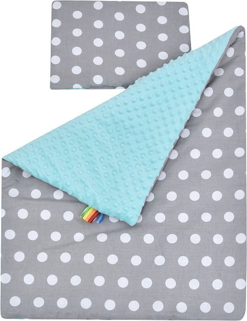 Baby-Delux Babydecke Kinderwagen Kissen Set Nicky Plüsch Baumwolle doppelseitig Grey Dots - Türkis
