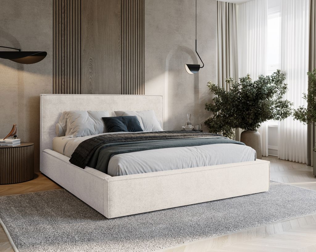 BESILIO Schlafzimmerbett 200x200 Zanzi - Metallrahmen, Bett mit Bettkasten, Zierkeder - Creme