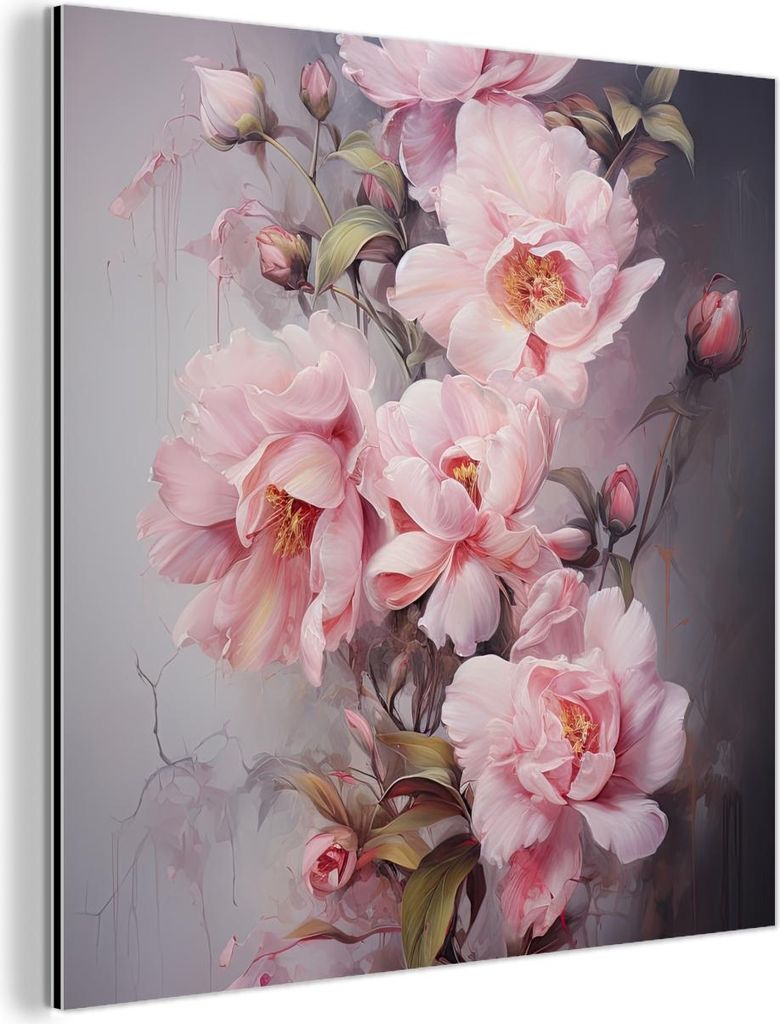 MuchoWow Wanddekoration Metall Metallbild Wandkunst 50x50 cm Rosen - Blumen - Rosa - Kunst - Aquarell MuchoWow Aluminium Gemälde - Alubild - Indus...