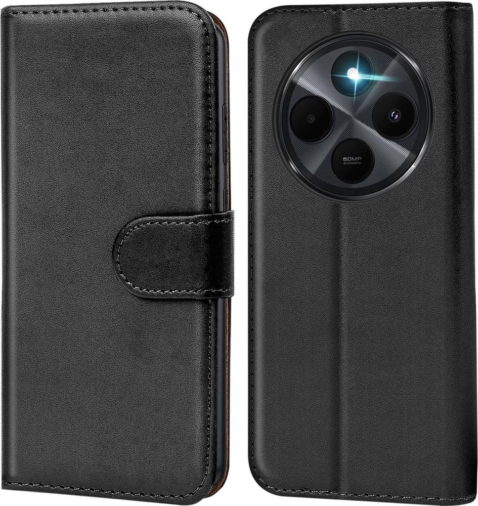 A black flip case for a smartphone is shown, with the front cover closed on the left and the back cover open on the right, revealing the phone's camera module.