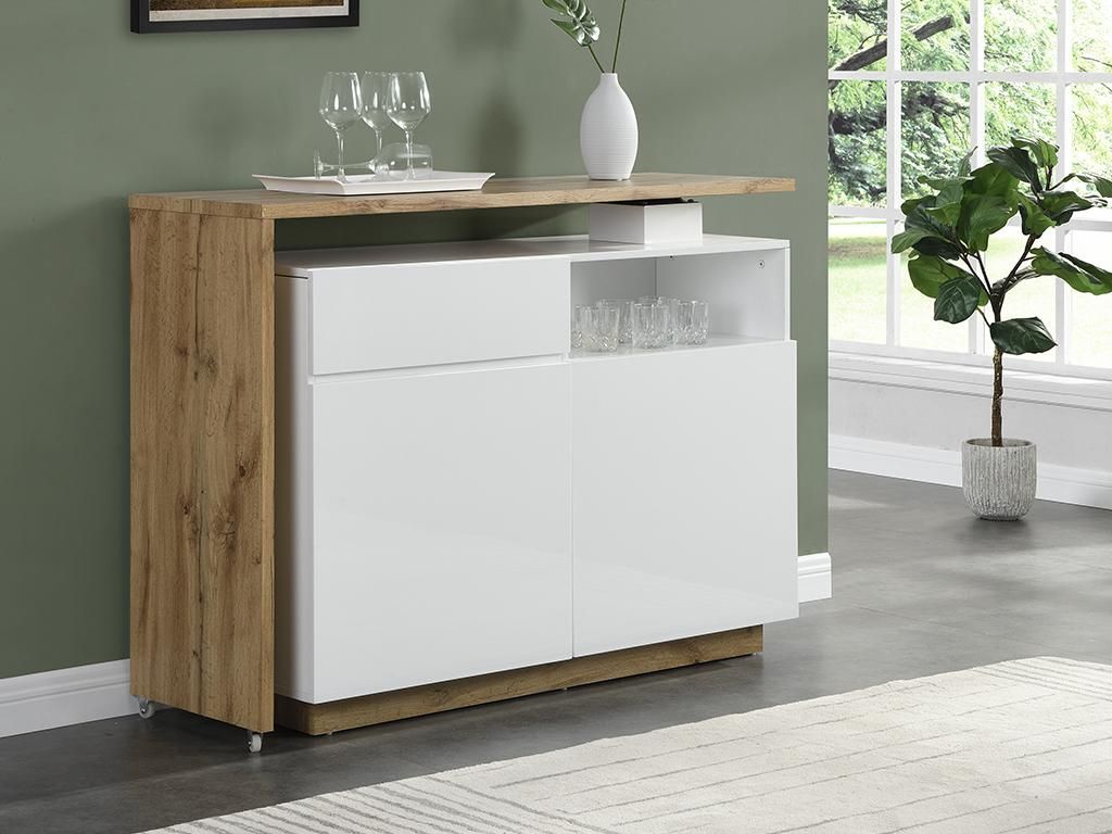Drehbarer Barschrank ELDIR - 2 Türen mit 1 Schublade und 1 Nische - MDF - weiß glänzend und eichefarben