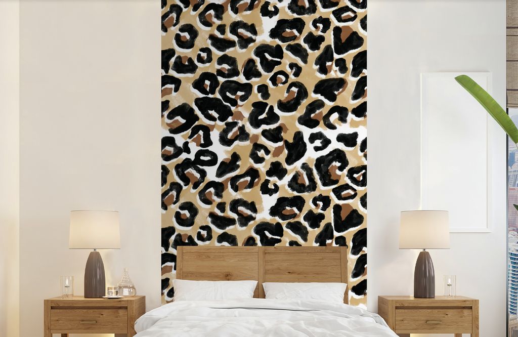 MuchoWow Fototapete für Wohnzimmer oder Schlafzimmer Wandtapete Vinyl Motivtapete Tierdruck - Panther - Braun - Aquarell - 120x240 cm - Hintergr...