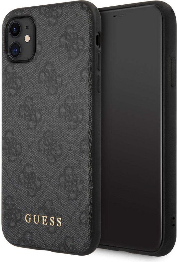 A smartphone case with a repeating Guess logo pattern and the Guess brand name is shown next to a smartphone.