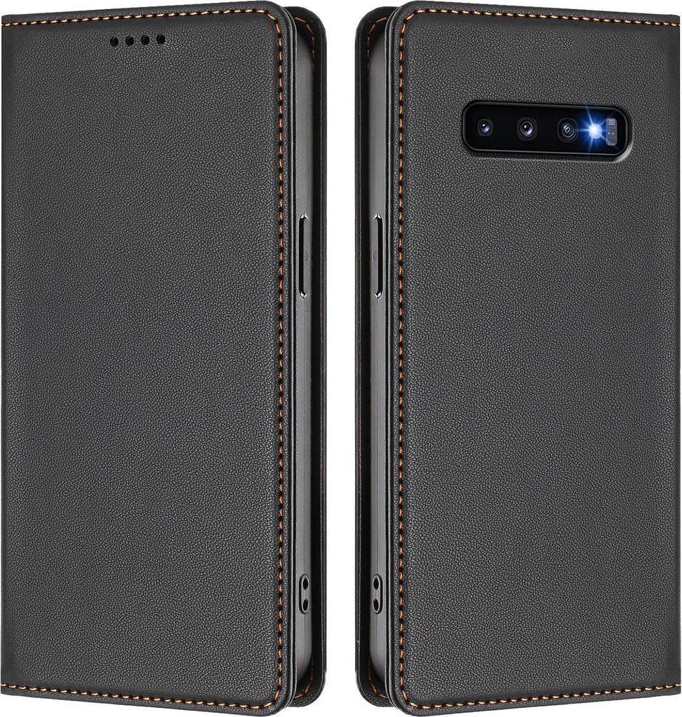 Handyhülle für Samsung Galaxy S10 Plus, Kunstleder Klapphülle Stoßfeste Magnetische Hülle mit Ständer Schwarz