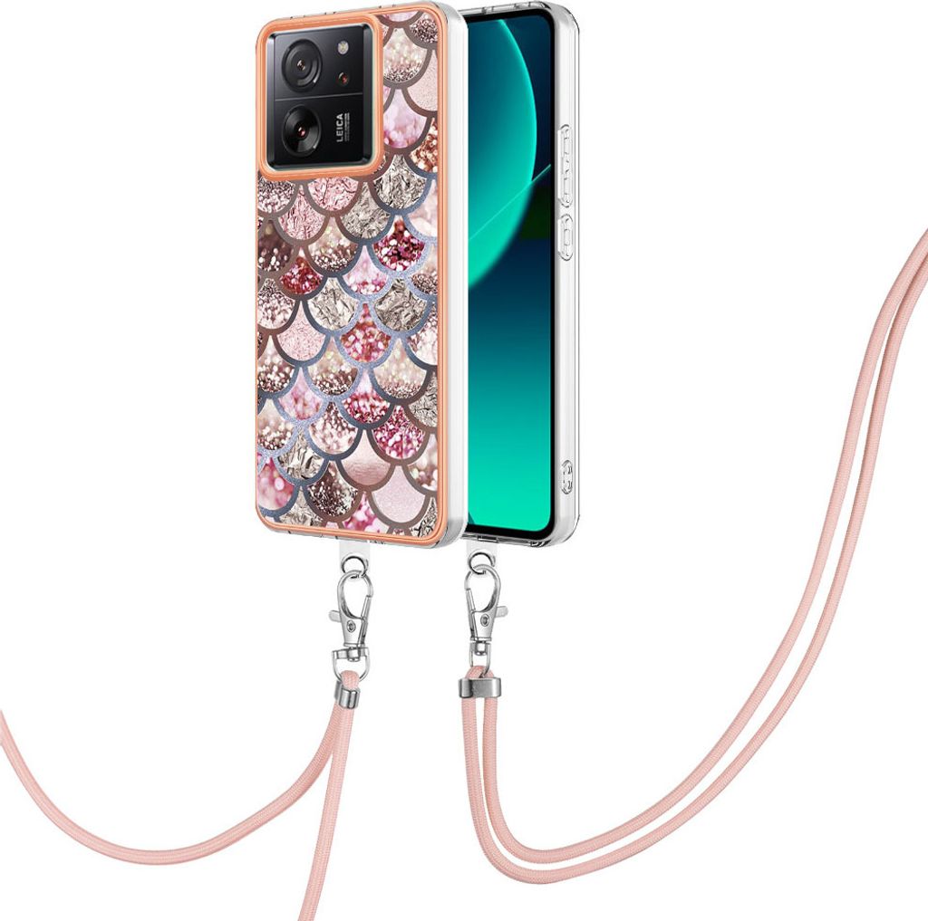 Handykette Hülle für Xiaomi 13T / 13T Pro Muster TPU Schutzhülle mit verstellbarem Tragegurt Kaffee