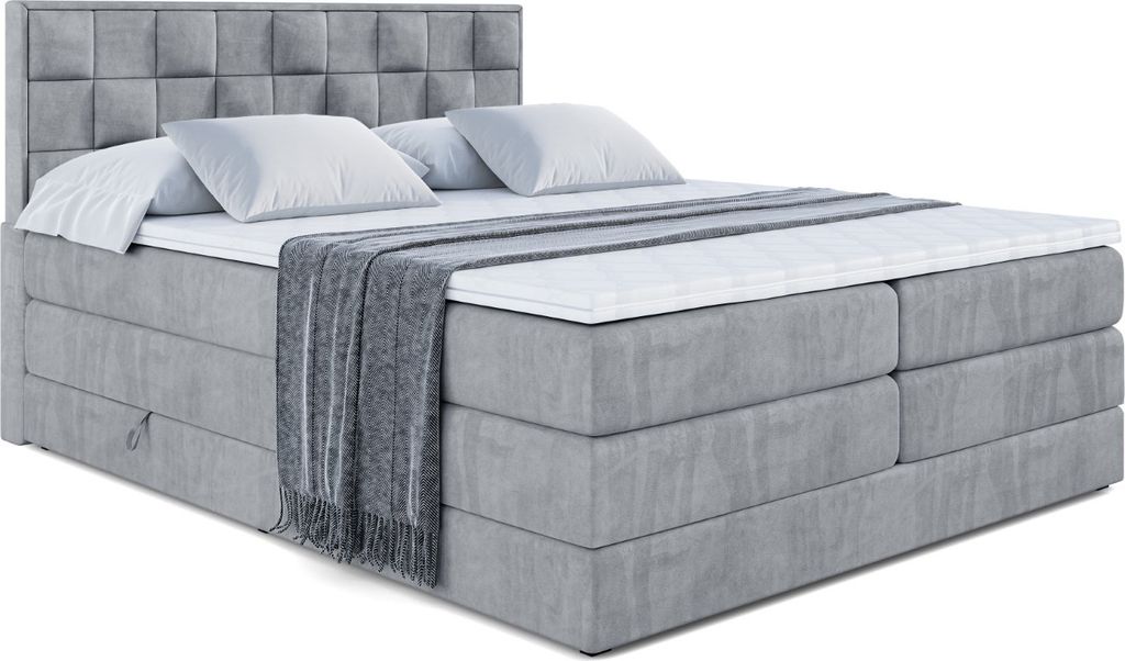 ALTDECOR Boxspringbett mit 2 Matratzen und Topper - 160x200 cm - ZAFIRA-BZ KING - Grau Samt - Polsterbett mit, H3- und H4- Matratzen, Bettkasten un...