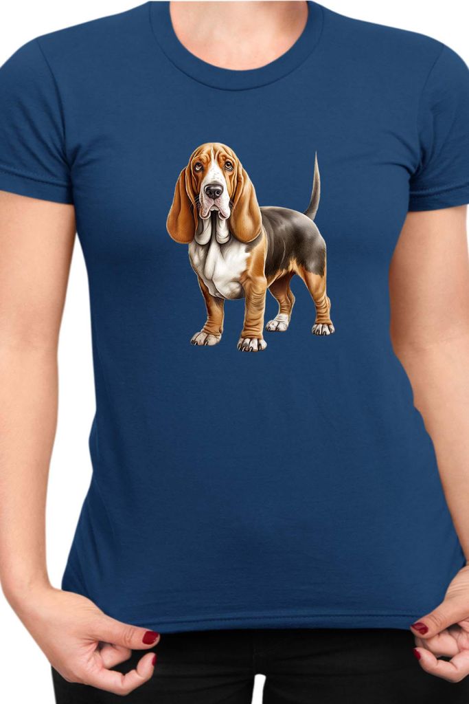 Damen T-Shirt Dogs Breeds Basset Hound Dog Breed 005, Lady 2XL / Dunkelblau
