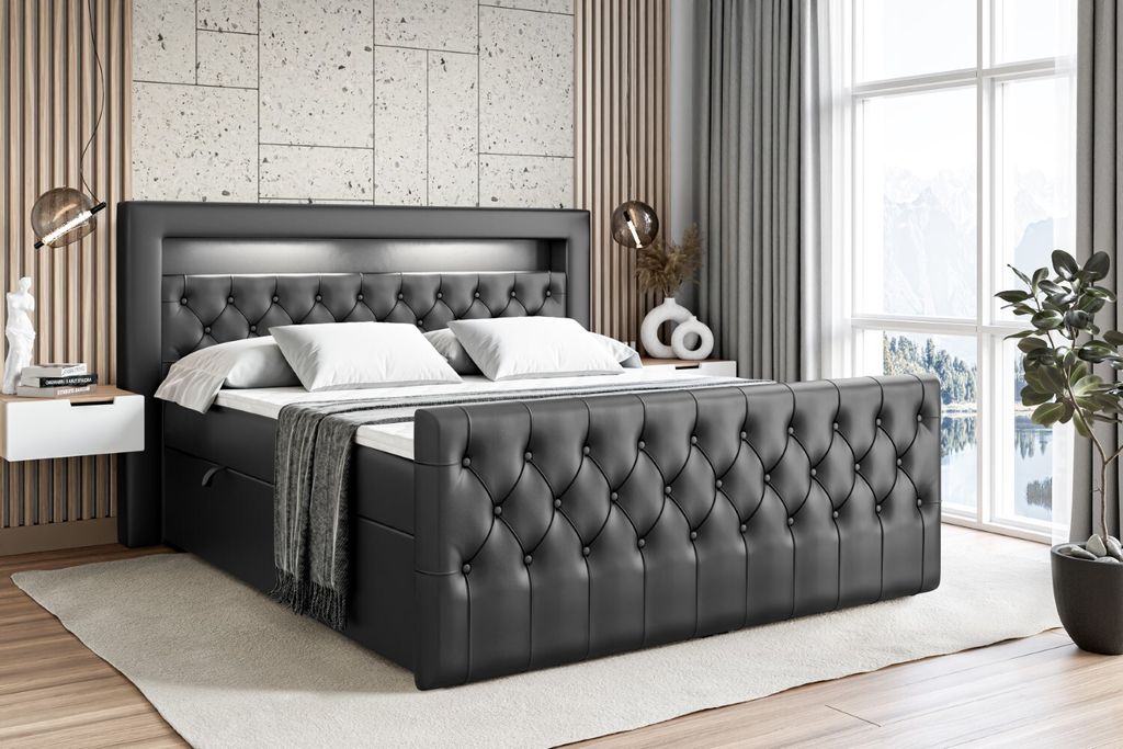 ALTDECOR Boxspringbett mit LED-Beleuchtung Matratze (20 cm hoch) und Topper (4 cm hoch), Polsterbett mit Kopfteil und Bettkasten - AURORA - 120x200...