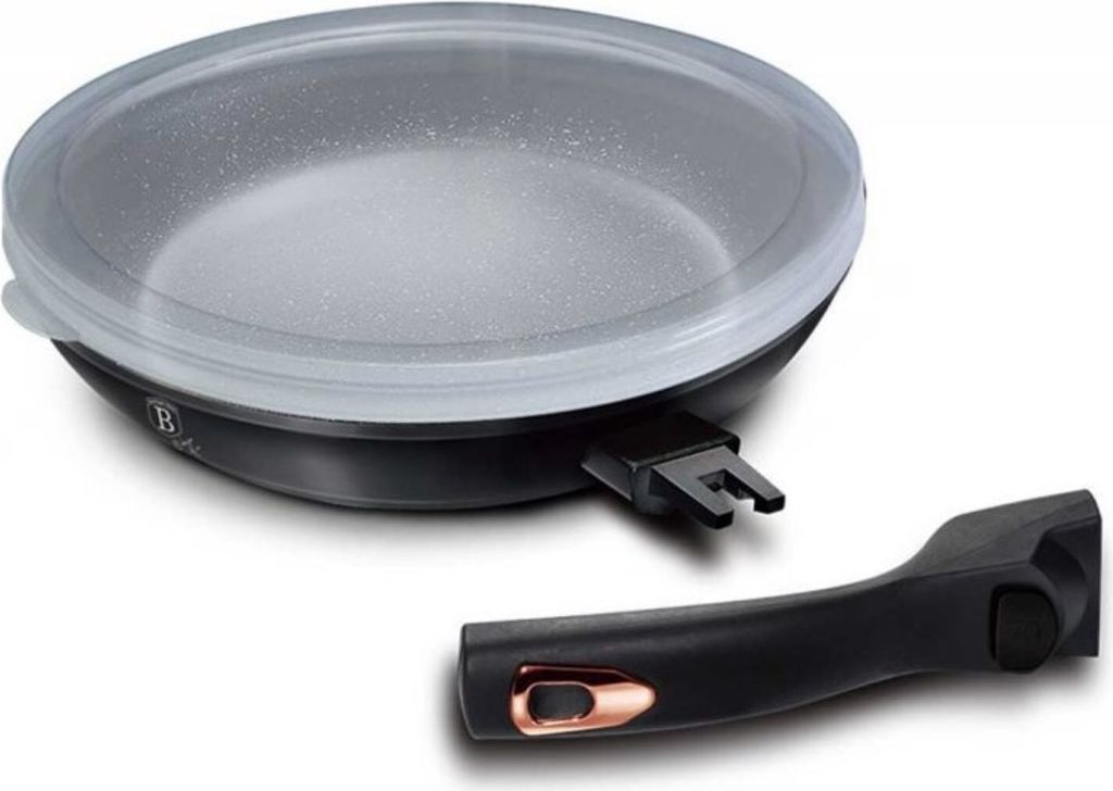A frying pan with a lid and a detachable handle, presented on a white background.