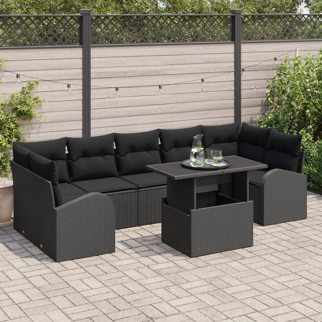 8-teiliges Garten Sofa Set mit Kissen Schwarz Poly Rattan, Gartensofas DesignMöbel Neu