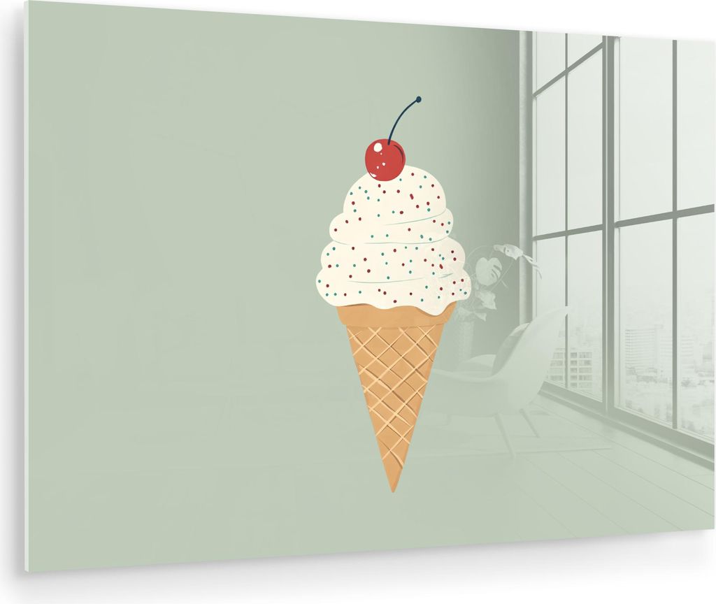 MuchoWow Glasbilder - Bilder auf Wandbild - Foto auf Glas Illustration - Eiscreme - Sprenkeln - Kirsche 30x20 cm Wanddekoration aus Glas - Acrylgla...