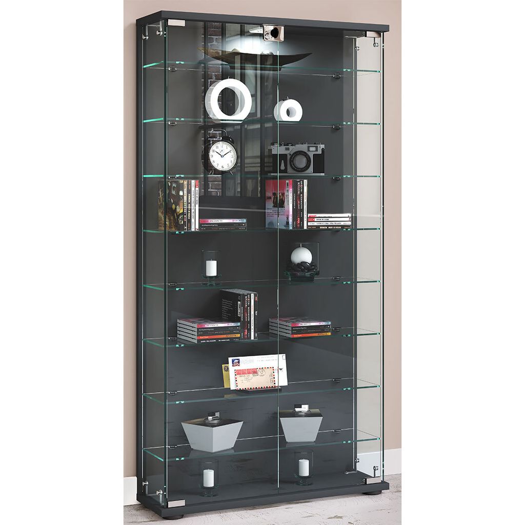 VCM Glasvitrine stehend | Vitrine Glas mit ESG-Sicherheitsglas | Maße ca. H. 114 x B. 59 x T. 17 cm | Standvitrine Glas | Modern und platzsparend ...