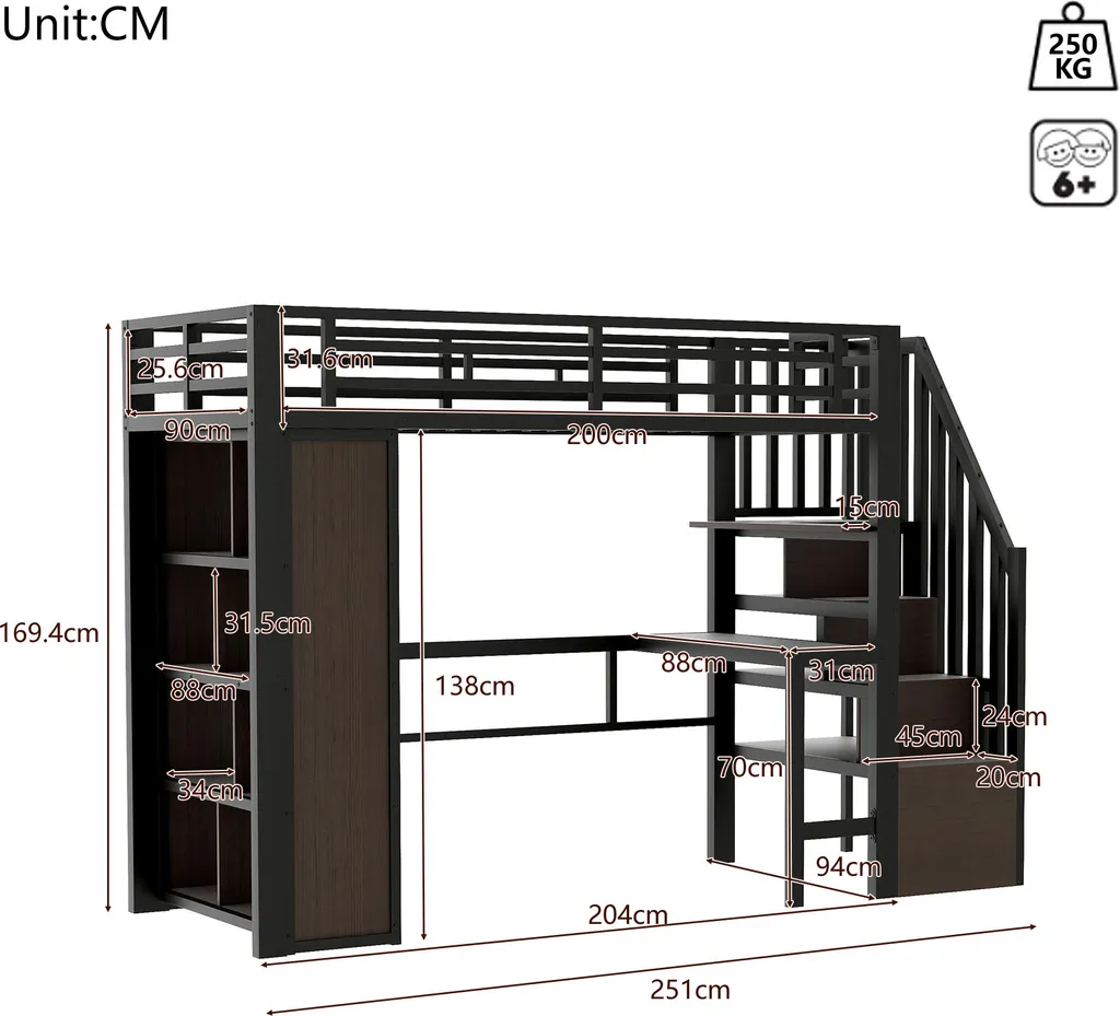 Lit Mezzanine avec LED et Bureau Noir 90x200 cm - Structure Métal Robuste - 4