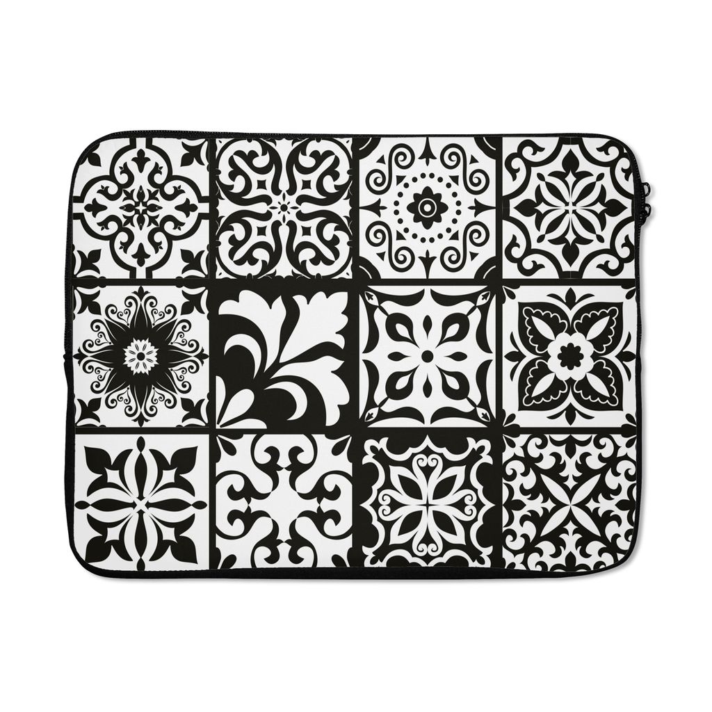 MuchoWow Laptop Hülle 17 Zoll Laptoptasche Muster - Schwarz - Weiß - Blumen - Abstrakt - Zipper - Schutzabdeckung