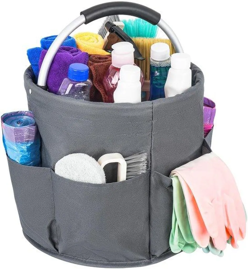 Organisateur de rangement multi-compartiments gris et panier pliable
