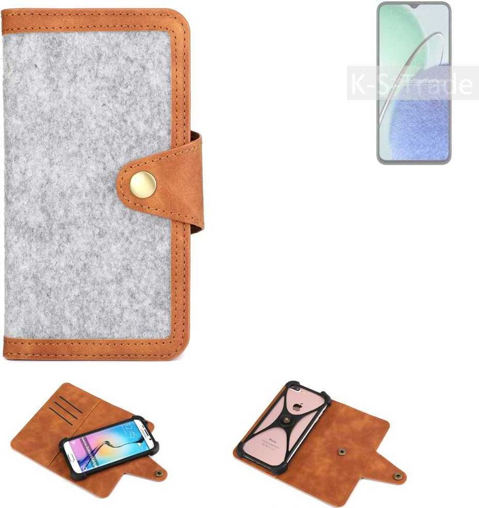 K-S-Trade Handyhülle kompatibel mit Huawei nova Y61 Schutzhülle Filz-Hülle Kunst-Leder hellgrau braun (1x)
