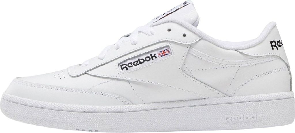 A studio shot of a single white Reebok Club C 85 sneaker.