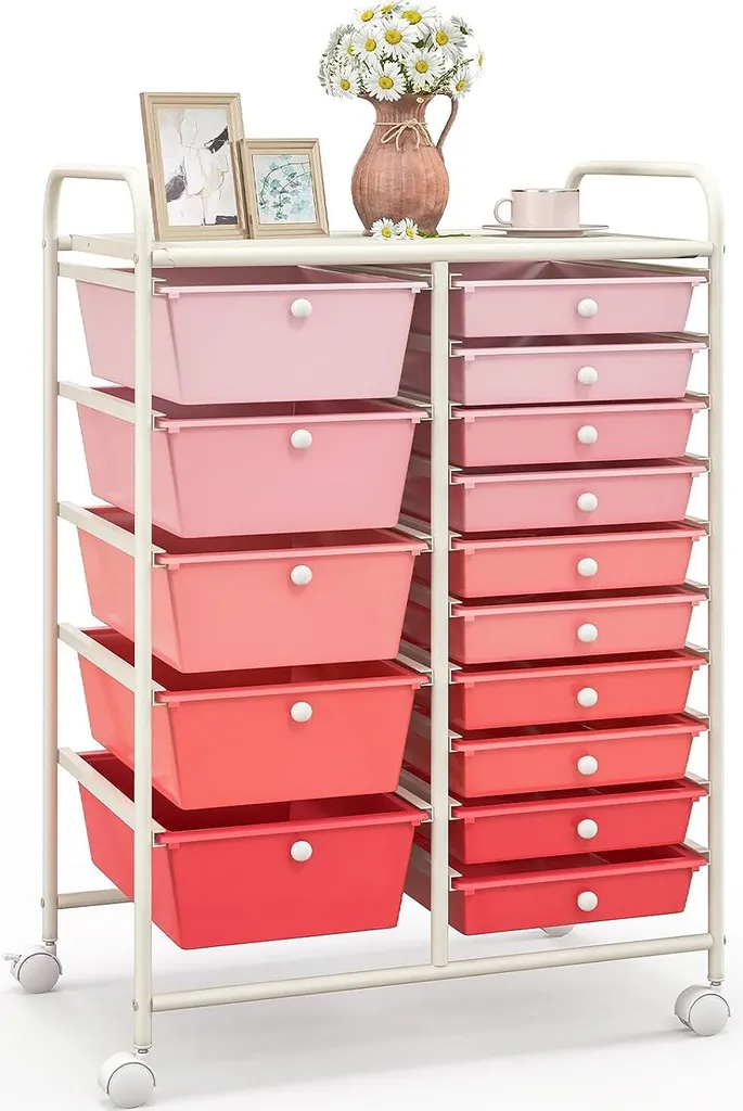 Carrello Portaoggetti Rosa COSTWAY 15 Cassetti | Arredo Cameretta