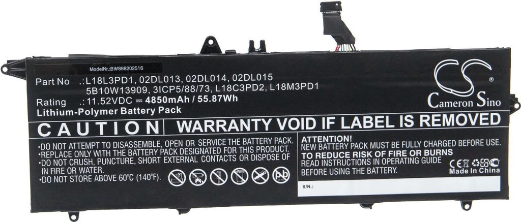 vhbw Akku Ersatz für Lenovo L18L3PD1, L18M3PD1, 5B10W13955, L18C3PD2, SB10K97651, SB10K97652, L18M3PD2 für Notebook (4850 mAh, 11,52 V, Li-Polymer)