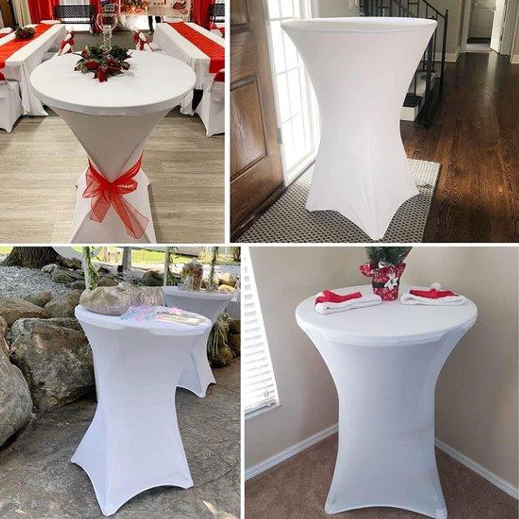 Set aus 6 weißen Stretch-Stoßtafelhülsen für Bistrotische, Ø 80-85 cm, Elasthan, Stretch-Tischüberzug, Verstärkung in den Fußraum für Hoch...