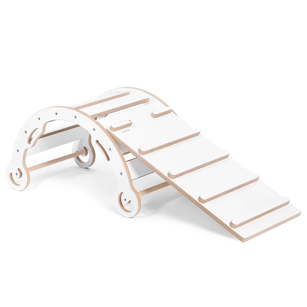 Leo Kletterbogen mit Rutsche für Kinder Klettergerüst Indoor Montessori Wippe MDF, Größe L, Weiß