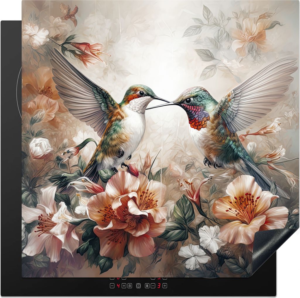 KitchenYeah Herdabdeckplatte Kolibri - Vögel - Blumen - Natur , 78x78cm, Küche Deko, Glaskeramikkochfeld Herdabdeckung, Abdeckplatte fùr Kochfeld