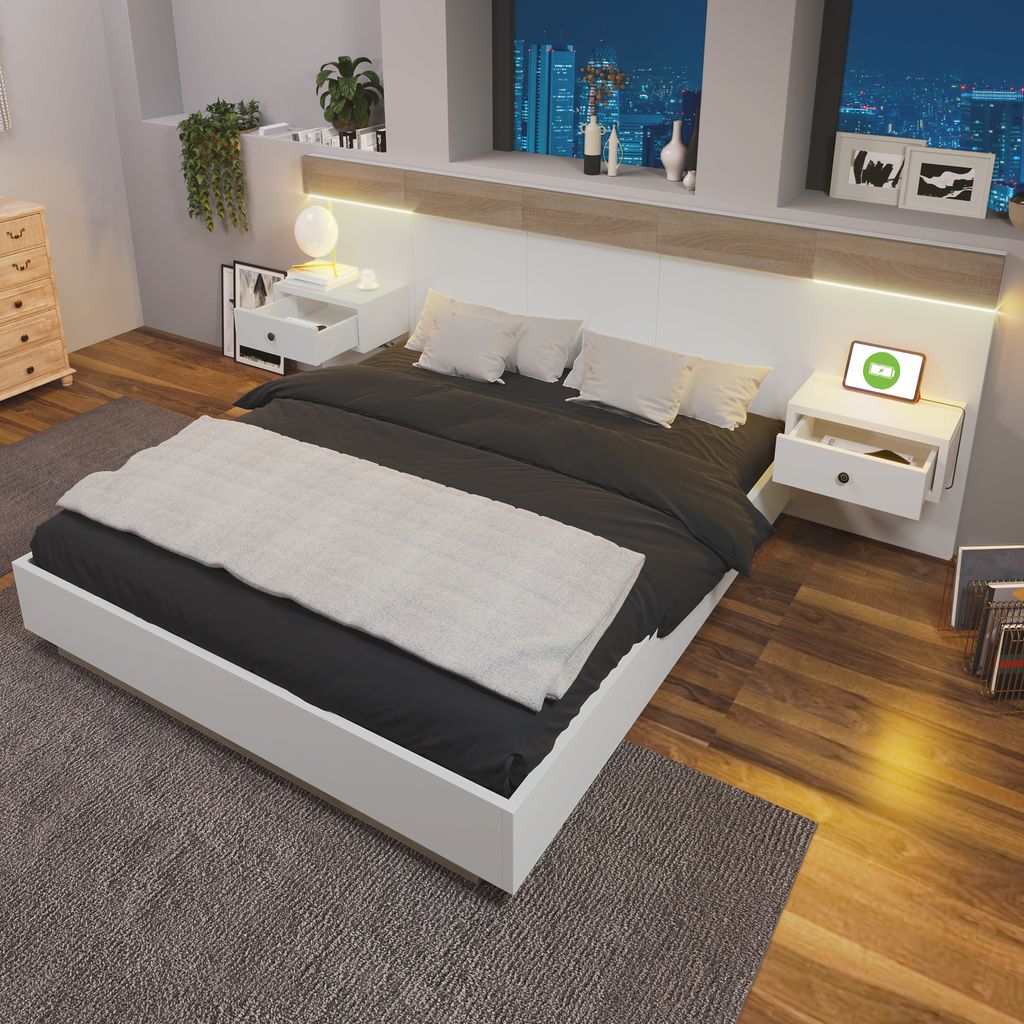 Abrihome Klassische Betten Holzbett 160x200cm mit 2 LED Produktbild 