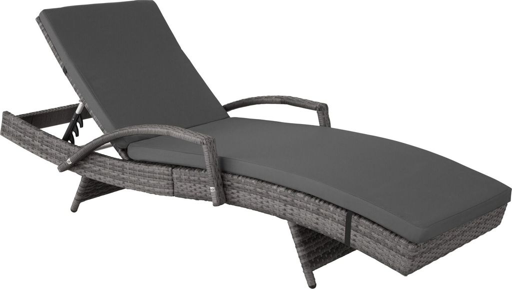 A gray rattan sun lounger with a dark gray cushion is shown against a white background.