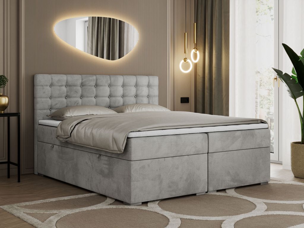 Boxspringbett 140x200 mit Bettkasten, Bett 140x200 mit Matratze und Topper - SUSAN - 140x200 - Hellgrau - Velvet - H3