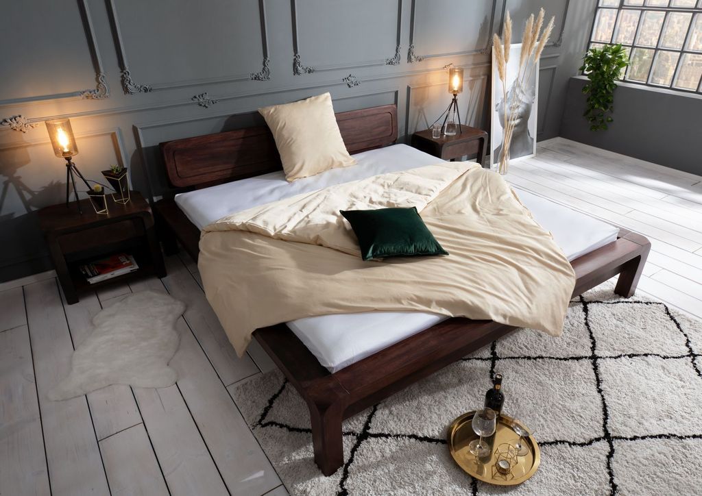 MASSIVMOEBEL24 Bett Akazie 200x200x80 tabak lackiert BUENO #031