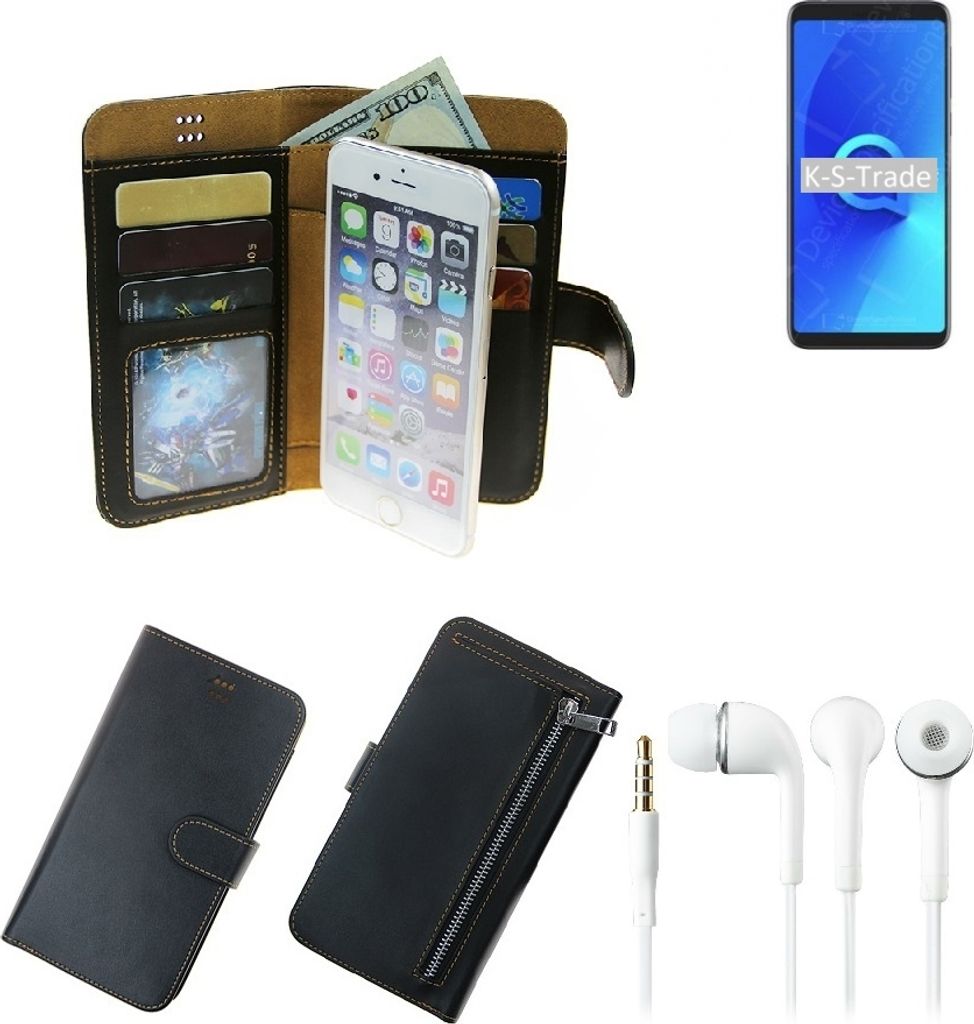 TOP SET Handy Hülle Schutz Hülle kompatibel mit Alcatel 3V (2019) schwarz aus Kunstleder + Kopfhörer Smartphone Tasche vollwertige Geldbörse