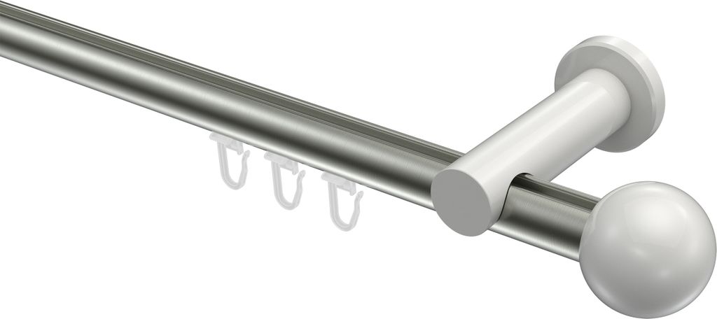 Interdeco Innenlaufstange / Gardinenstange mit Innenlauf Edelstahl-Optik / Weiß, Typ Platon Luino (Kugel), 20 mm Ø 1-läufig, 140 cm