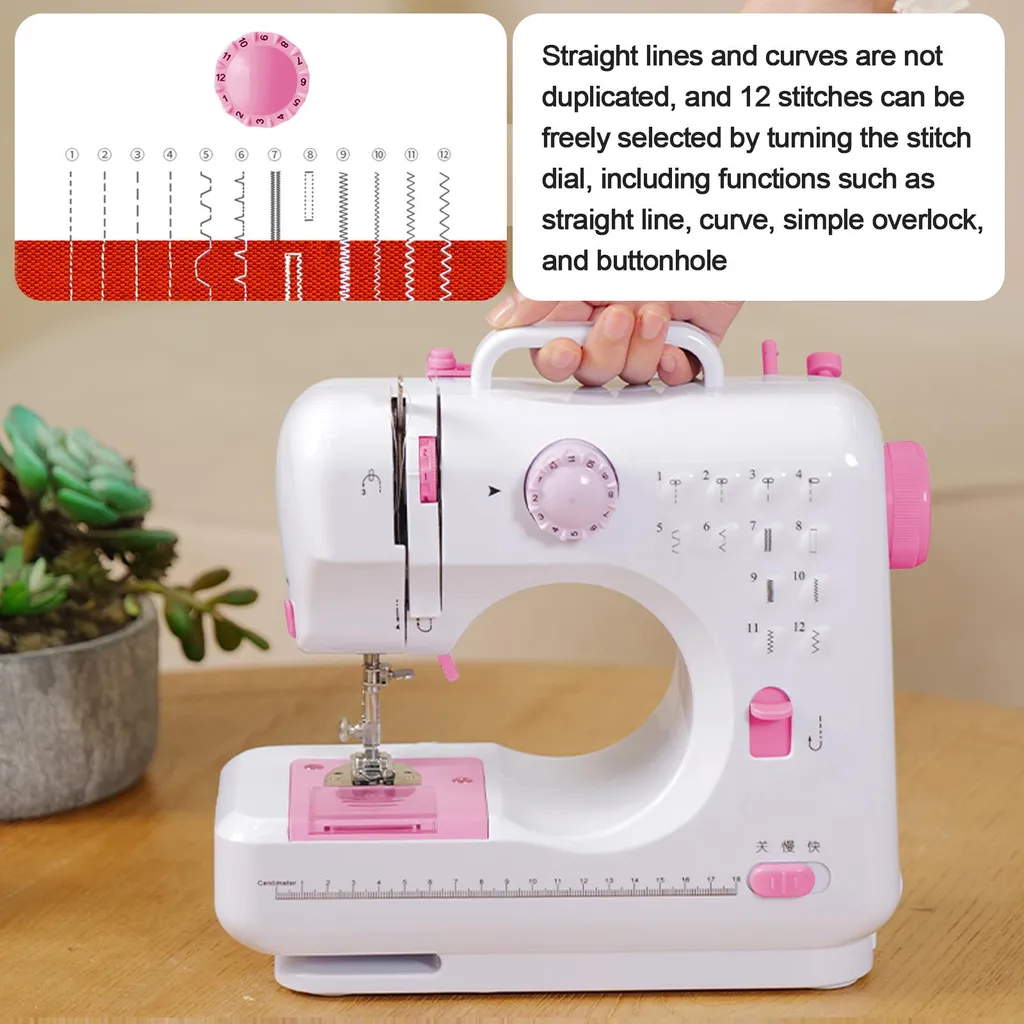 Machine à coudre 12 points de suture avec double fil et sélecteur rose