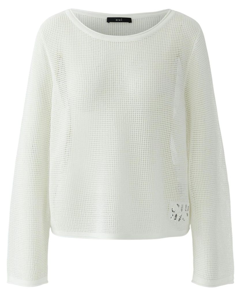 Oui Damen Feinstrick-Pullover mit Netzstruktur U-Boot-Ausschnitt Langarm Cloud Dancer Größe 42