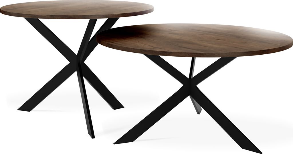 Couchtisch Set Lev - 2er-Set Beistelltisch Rund (Ø75/58 cm) - Wohnzimmertisch Industrial, Satztisch mit Metallgestell Schwarz - Kaffeetisch Modern...