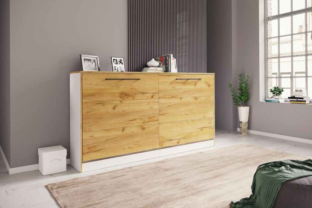 VCM Schrankbett H. 114 x B. 213 x T. 43 cm, Wandklappbett horizontal mit Lattenrost 90x200 cm, Bettschrank, Kommode Smalu