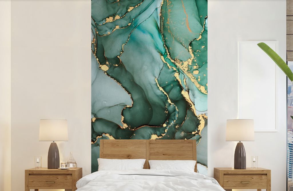 MuchoWow Fototapete für Wohnzimmer oder Schlafzimmer Wandtapete Vinyl Motivtapete Gold - Marmor - Grün - Luxus - Marmoroptik - Grau - 120x240 c...