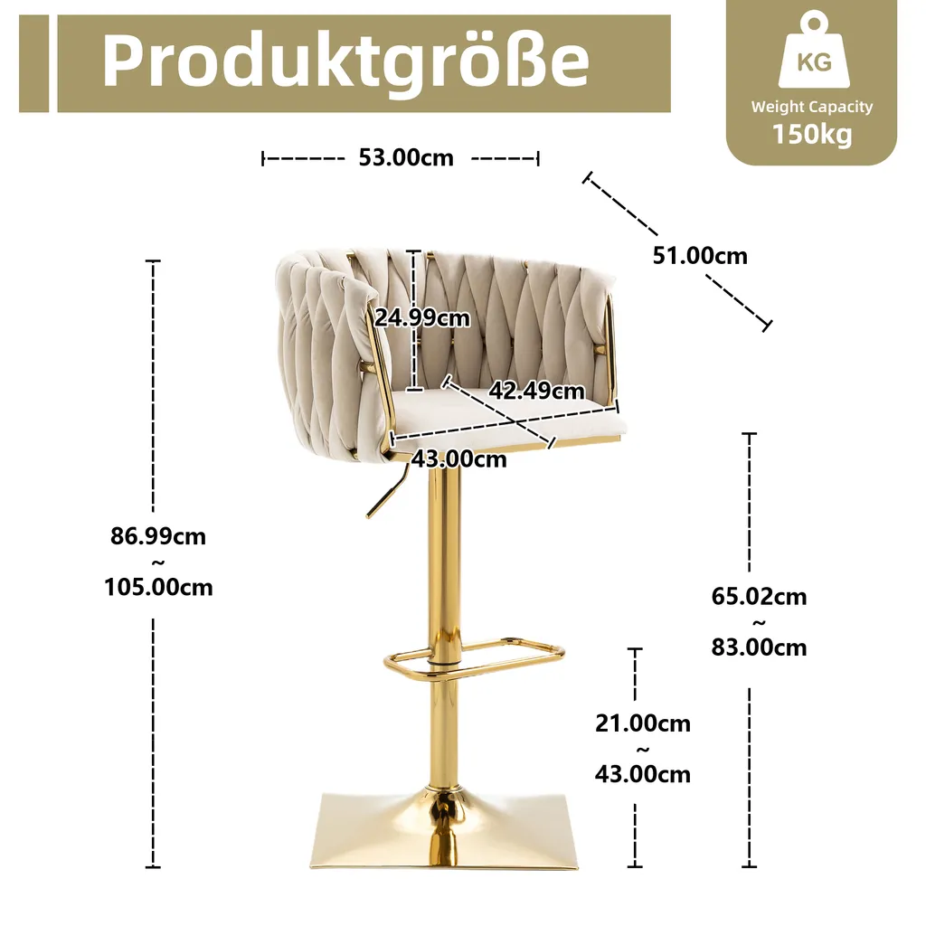 Tabouret de Bar Pivotant en Velours avec Piétement Or Luxe Lot de 2 Ivory - 6