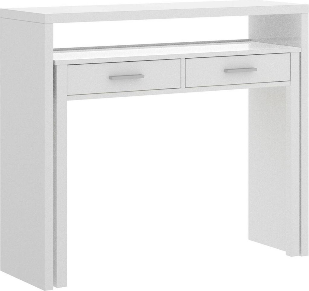 Schreibtisch Dghelle, Multipositionsschreibtisch mit ausziehbarer Platte, lineare Arbeitskonsole mit 2 Schubladen, 99 x 70 x 88 cm, Weiß
