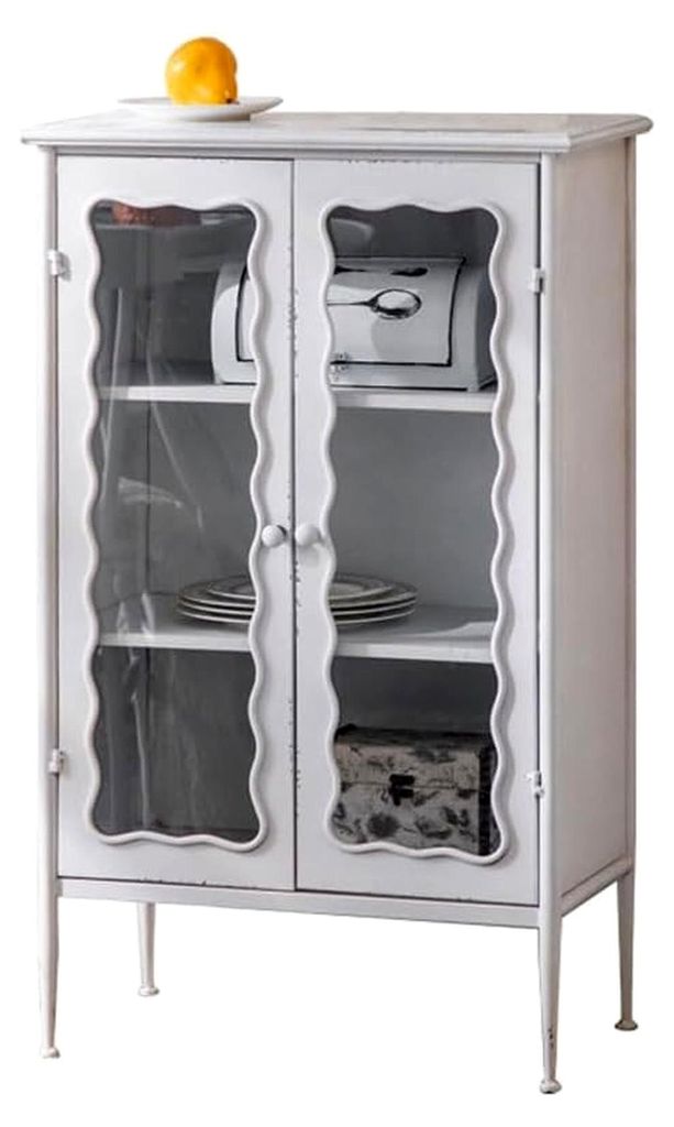 Retro Sideboard aus Eisen mit Antikglas für Wohnzimmer und Restaurant, Weiß, Aufbewahrung (61 cm x 35 cm x 110 cm)