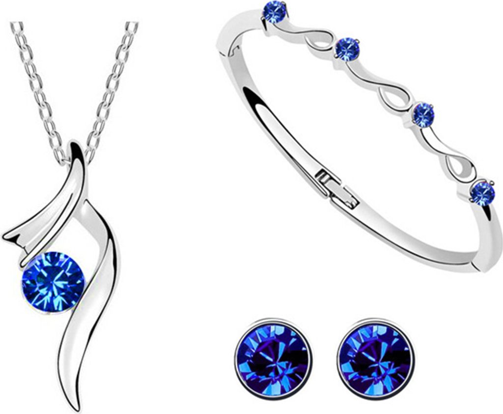 Brautschmuck-Set, versilberte Halskette, Ohrringe, Armband mit Strass-Intarsien-Saphirblau