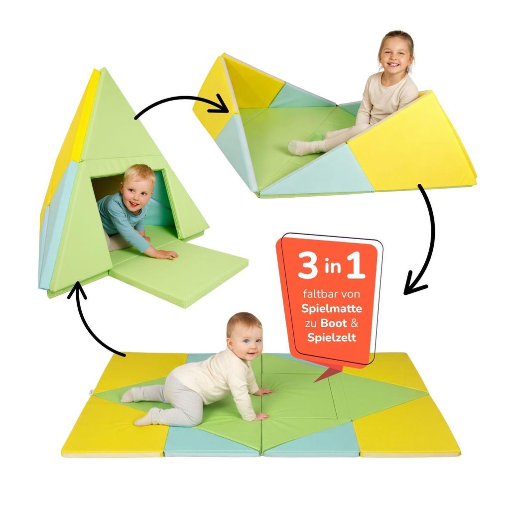 3-in-1 Spielmatte faltbar - verwandelt sich von Krabbeldecke in Tipi-Zelt und Boot, für Babys & Kinder ab 0 Jahren, abwaschbares Kunstleder